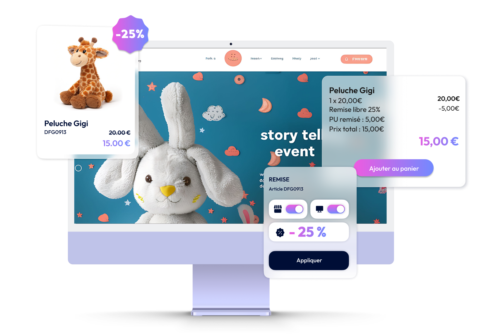 Site e-commerce d'articles pour enfants avec une peluche en promotion pour augmenter le taux de conversion e-commerce