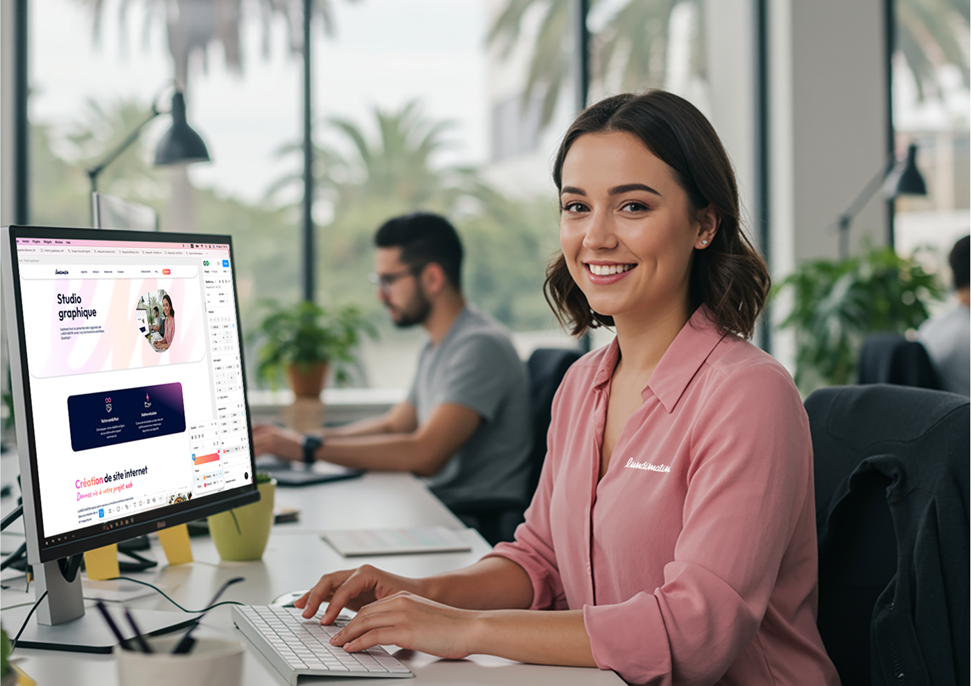 Jeune femme offrant une prestation de création graphique complémentaire aux conseils en stratégie digitale