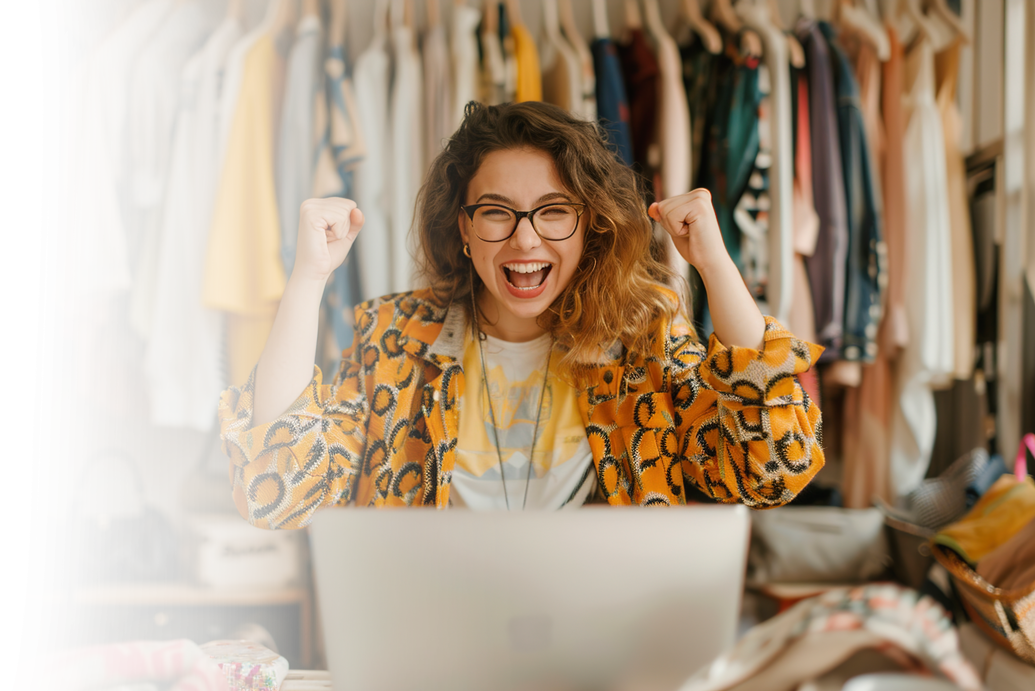 Jeune femme venant de lancer avec succès son site e-commerce grâce à Gezy