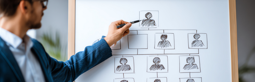 Homme présentant l'organigramme des ressources humaines dans son business plan e-commerce