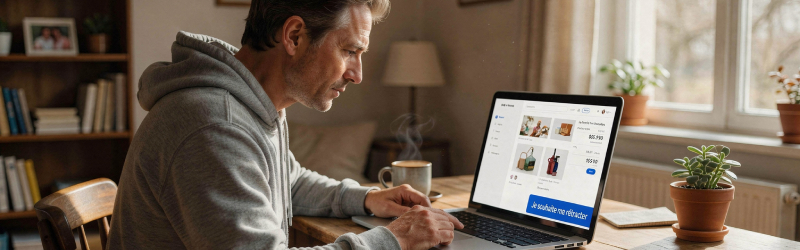 Homme sur son ordinateur excerçant son droit de rétractation suite à un achat sur un site e-commerce